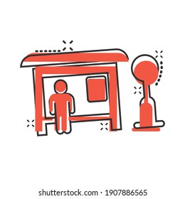 Bus station icon in comic style. Auto stop cartoon vector illustration on white isolated background. Autobus vehicle splash effect business concept.