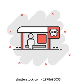 Bus station icon in comic style. Auto stop cartoon vector illustration on white isolated background. Autobus vehicle splash effect business concept.