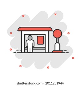 Bus station icon in comic style. Auto stop cartoon vector illustration on white isolated background. Autobus vehicle splash effect business concept.