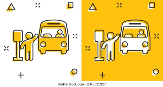 Bus station icon in comic style. Auto stop cartoon vector illustration on white isolated background. Autobus vehicle splash effect business concept.