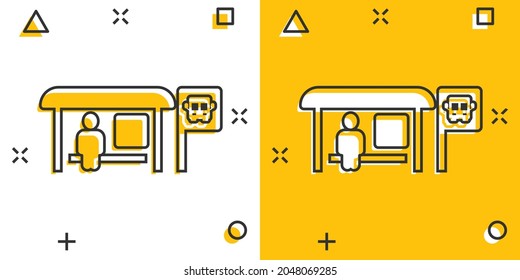 Bus station icon in comic style. Auto stop cartoon vector illustration on white isolated background. Autobus vehicle splash effect business concept.