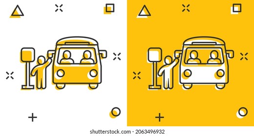 Bus station icon in comic style. Auto stop cartoon vector illustration on white isolated background. Autobus vehicle splash effect business concept.