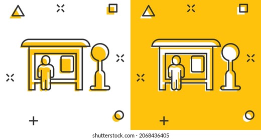 Bus station icon in comic style. Auto stop cartoon vector illustration on white isolated background. Autobus vehicle splash effect business concept.