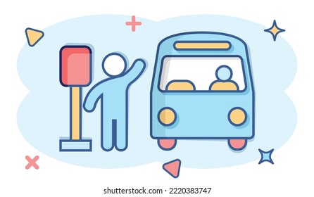 Bus station icon in comic style. Auto stop cartoon vector illustration on white isolated background. Autobus vehicle splash effect business concept.