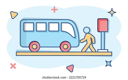 Bus station icon in comic style. Auto stop cartoon vector illustration on white isolated background. Autobus vehicle splash effect business concept.