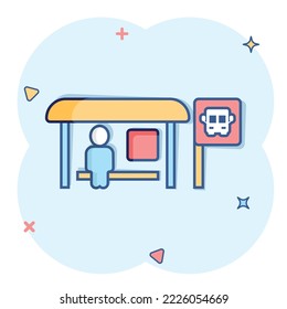 Bus station icon in comic style. Auto stop cartoon vector illustration on white isolated background. Autobus vehicle splash effect business concept.