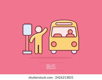 Bus station icon in comic style. Auto stop cartoon vector illustration on isolated background. Autobus vehicle splash effect business concept.