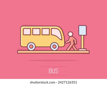 Bus station icon in comic style. Auto stop cartoon vector illustration on isolated background. Autobus vehicle splash effect business concept.