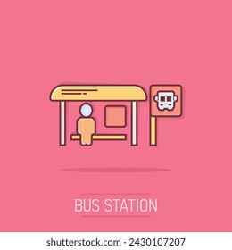 Bus station icon in comic style. Auto stop cartoon vector illustration on isolated background. Autobus vehicle splash effect business concept.