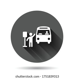 Bus station icon in flat style. Auto stop vector illustration on black round background with long shadow effect. Autobus vehicle circle button business concept.