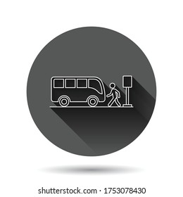 Bus station icon in flat style. Auto stop vector illustration on black round background with long shadow effect. Autobus vehicle circle button business concept.