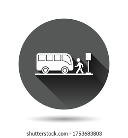 Bus station icon in flat style. Auto stop vector illustration on black round background with long shadow effect. Autobus vehicle circle button business concept.