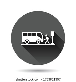 Bus station icon in flat style. Auto stop vector illustration on black round background with long shadow effect. Autobus vehicle circle button business concept.