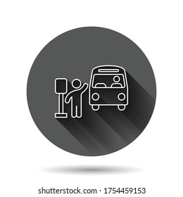 Bus station icon in flat style. Auto stop vector illustration on black round background with long shadow effect. Autobus vehicle circle button business concept.