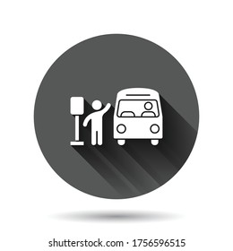 Bus station icon in flat style. Auto stop vector illustration on black round background with long shadow effect. Autobus vehicle circle button business concept.