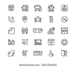 Bus Station Icon Set. Editable Stroke. Contains such icons Public Icon, Airplane, Transportation, Bus Stop, Shopping Mall