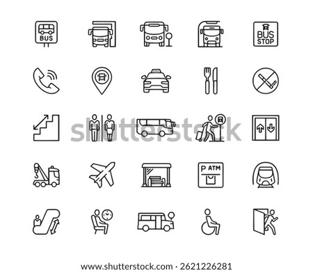 Bus Station Icon Set. Editable Stroke. Contains such icons Public Icon, Airplane, Transportation, Bus Stop, Shopping Mall