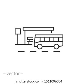 icono de estación de bus, parada de bus, símbolos web de línea delgada sobre fondo blanco - ilustración de vector de trazo editable eps10