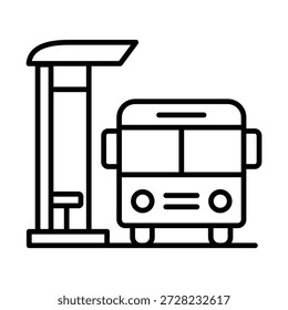 Icono de la estación de autobuses, que simboliza el centro de transporte público, el área de espera de pasajeros y la infraestructura de transporte urbano con asientos y autobuses estacionados.