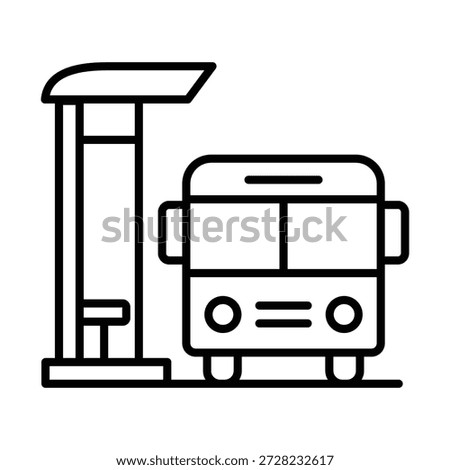 Bus station icon, symbolizing public transit hub, passenger waiting area, and urban transportation infrastructure with seating and parked bus.