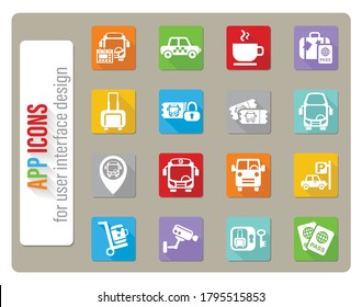 iconos de la estación de bus ajustados en diseño plano con sombra larga