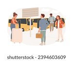 Bus station isolated concept vector illustration. Bus stop, pick up drop off passengers, station depot, traveler waiting, stressed people, rush hour, public transport, billboard vector concept.