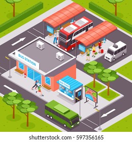 Bus Station Isometric Design With  Tourists On Platforms Public Transport Ticket Office And Road Infrastructure Vector Illustration