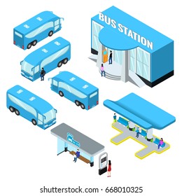 Bus station isometrics and buses, a platform for boarding a bus 