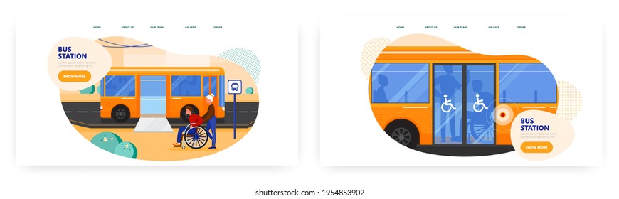 Bus station landing page design, website banner vector template set. City bus with wheelchair access ramp for disabled.