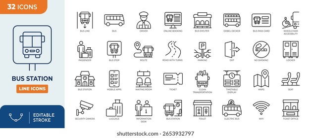 Conjunto de iconos editables de la línea de la estación de autobús. Contiene autobús, estación, refugio, ruta, línea de autobús y más. Trazo editable. Ilustración vectorial