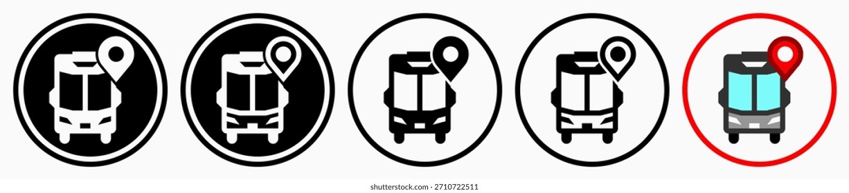 Iconos de la Locación de la estación de autobús: Ilustración vectorial de los iconos de la ubicación de la estación de autobús con el fondo blanco