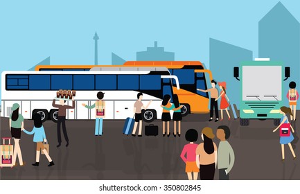 bus station stop busy people crowd transport city street 