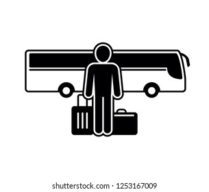 Bus station (bus stop) icon - navigation sign with human silhouette holding carryon and baggage and waiting for intercity express transport - vector monochrome stencil 