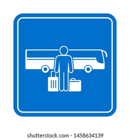 Bus station (bus stop) icon - navigation sign with human silhouette holding carryon and baggage and waiting for intercity express transport - vector road sign stencil 