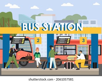 Terminal de la estación de autobuses, ilustración vectorial plana. Pasajeros con libro, cámara, maleta esperando bus