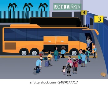 Bus station - typical bus station platform. Staff checking in the luggage and tickets. Passengers boarding for departure. Shuttle bus