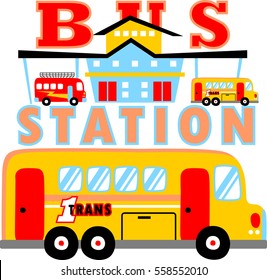 Bus station, vector cartoon illustration
