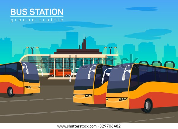 Bus station,\
vector flat background\
illustration
