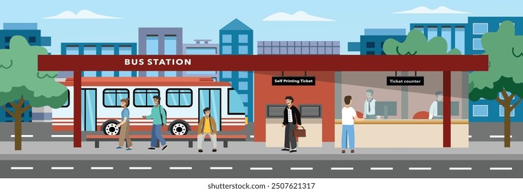 Bus station vector illustration. Building illustration. People waiting for the bus. Public transportation vector art. A man buying a bus ticket. People at the bus stop. City transportation.