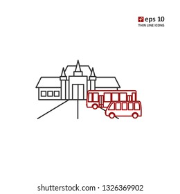 Bus station - vector thin line icon on white background. Symbol for web, infographics, print design and mobile UX/UI kit. Vector illustration, EPS10.