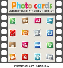 bus station web icons on color photo cards for user interface