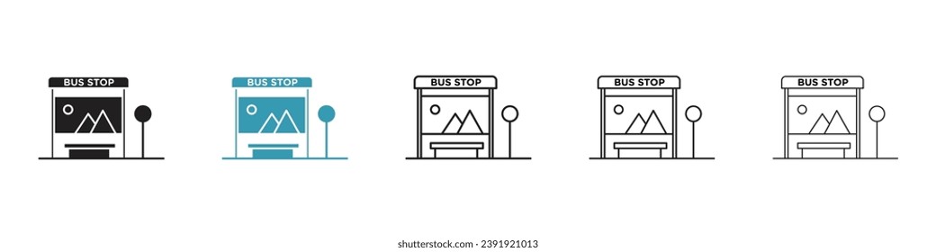 Bus Stop Ad vector illustration set. Transit stop advertising vector illustration symbol for UI designs in black and blue color.