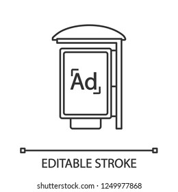 Bus stop advertisement linear icon. Outdoor advertising. Thin line illustration. Bus shelter ads. Advertising street lightbox, billboard. Contour symbol. Vector isolated drawing. Editable stroke