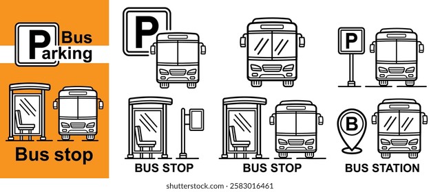 Bus stop auto parking station place, autobus public passenger transport shelter road sign, coach transportation park lot line icon. Tourist shuttle car arrival, street waiting zone. City trip. Vector