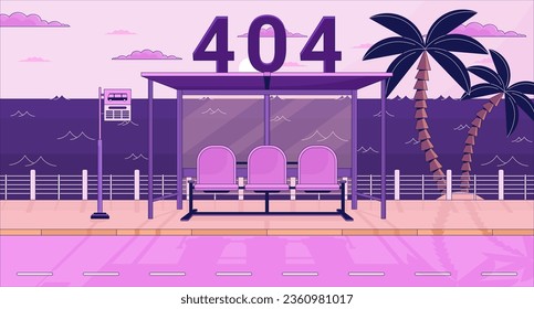 Bus stop bench on twilight waterfront error 404 flash message. Waiting bus. Website landing page ui design. Not found cartoon image, dreamy vibes. Vector flat illustration with 90s retro background