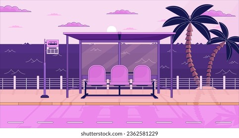 Bus stop bench on twilight waterfront lo fi aesthetic wallpaper. Waiting for bus, tropical city 2D vector cartoon landscape illustration, purple lofi background. 90s retro album art, chill vibes