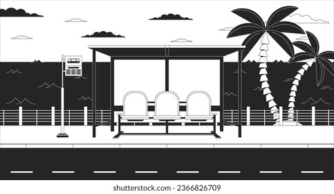 Bus stop bench on twilight waterfront black and white lo fi aesthetic wallpaper. Waiting for bus, tropical city outline 2D vector cartoon landscape illustration, monochrome lofi background