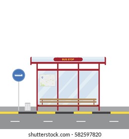 The bus stop with a bench and a traffic sign. Flat vector illustration EPS 10.