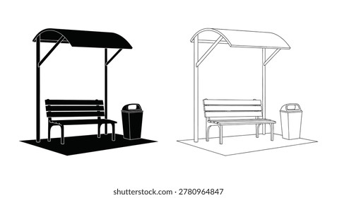 Bus stop with bench and trash can silhouette