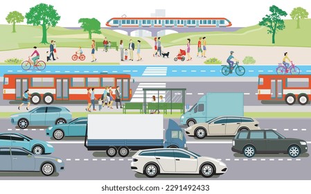 Bus stop, bike lane and road traffic illustration